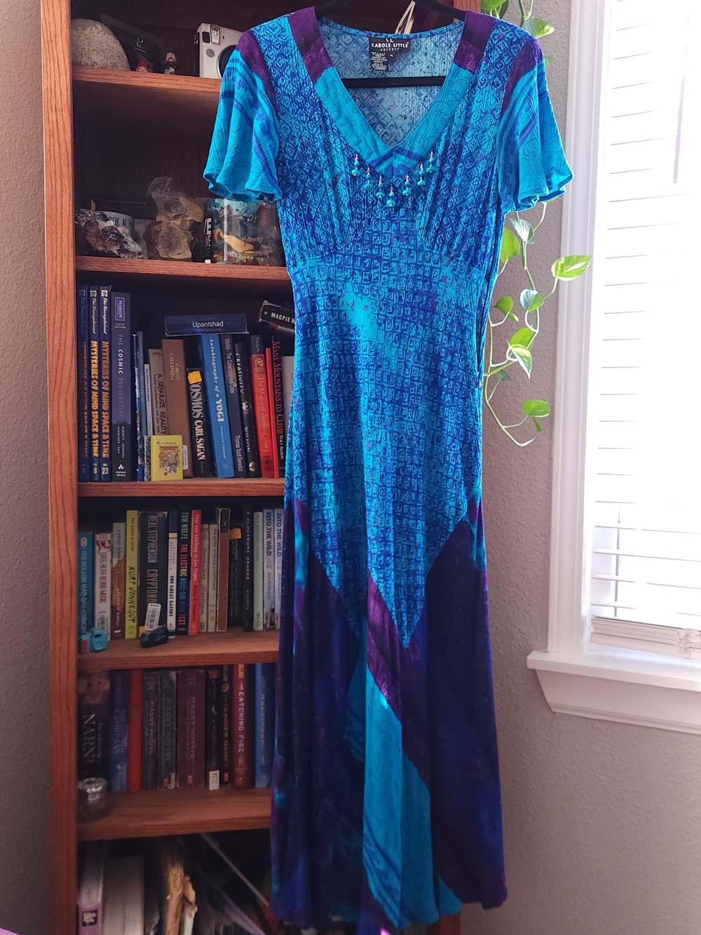 Vintage 90s Carole Little Maxi Dress Teal Purple Patchwork Beaded Boho Art